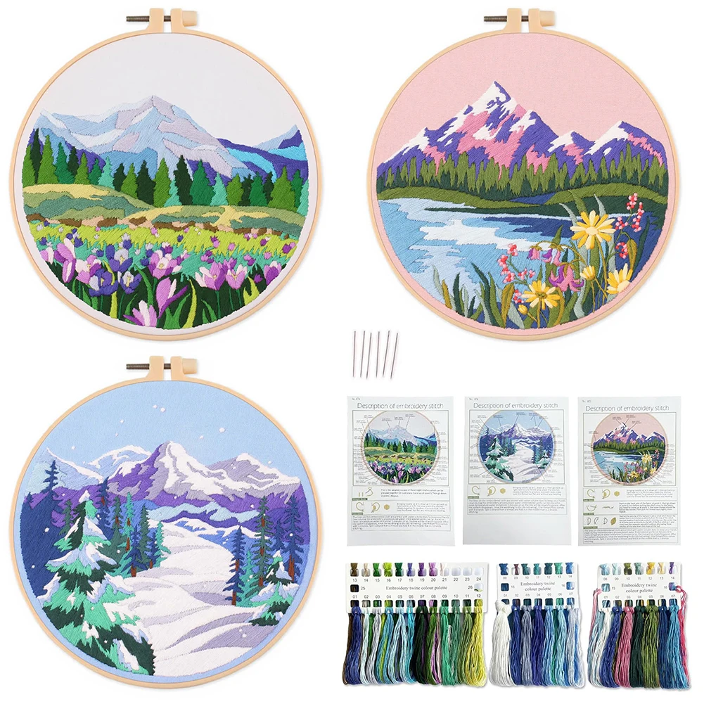 

3 Sets Embroidery Kit, Landscape Pattern Embroidery For Starter, Embroidery Kit With Full Tools Materials For Beginner DIY Arts