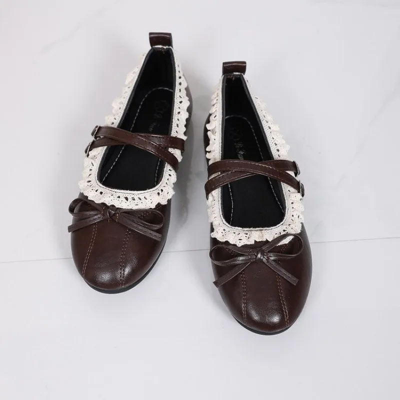 Women's Fashion Single Shoes Spring New Round Head Shallow Mouth Butterfly Knot Metal Buckle Soft Sole Non-slip Flat Shoes 35-42