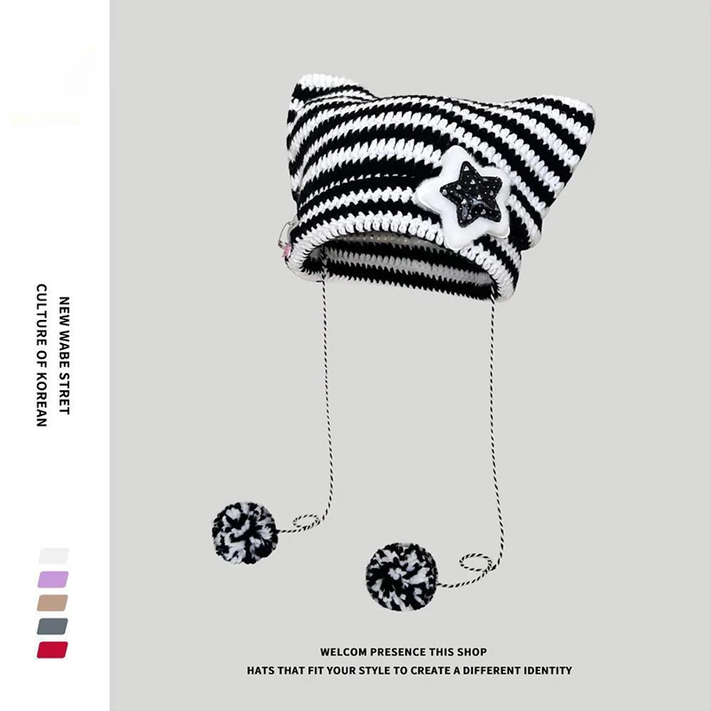 Niedliche Katzenohren-Mütze Winter Gestreifte Koreanische Y2K Punk Gothic Woll-Strickmütze Streetwear Gehäkelte Bucket Cap – Detail 2