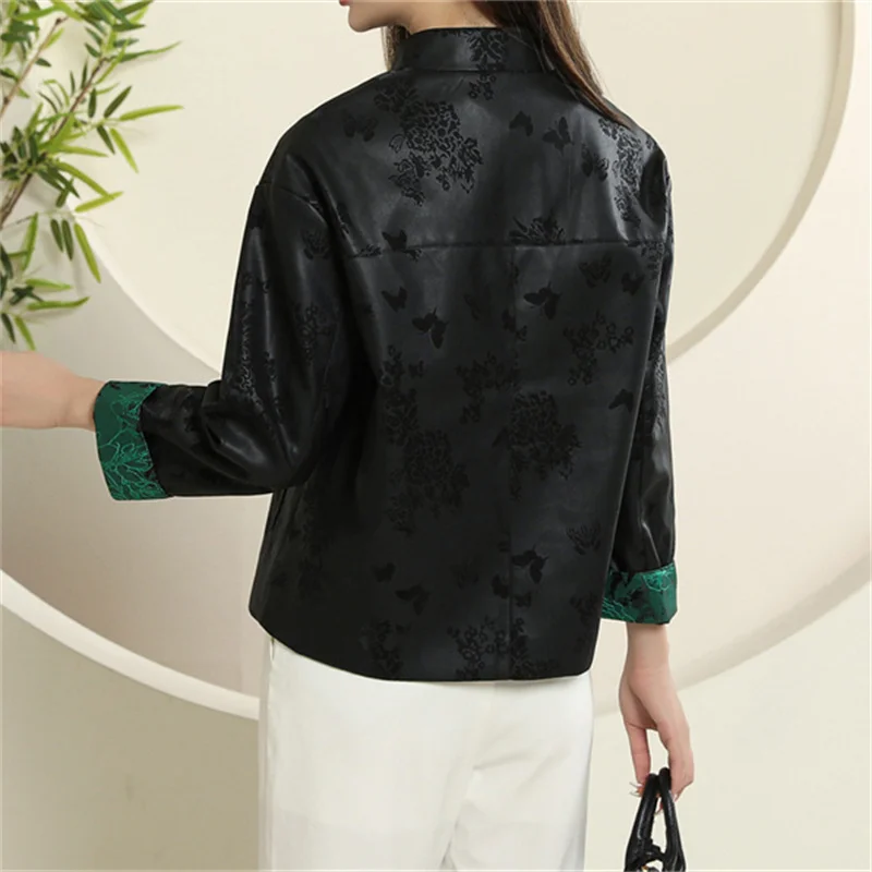 Chinese-style Leather Jacket Women's Vintage Short Coat Coil-buckle Stand-up Collar Top Printed Loose PU Outerwear Spring Autumn