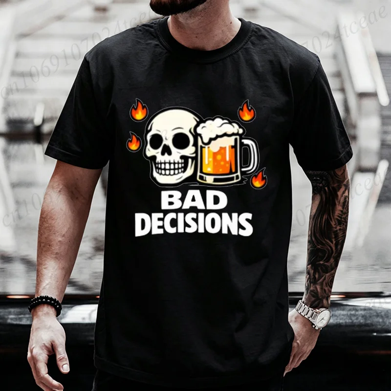 Men's Skeleton Drinking Beer Gothic T-shirt Cool Bad Dad Decisions Print Tee Shirts Punk Gothic Style Casual Tops Party Gifts