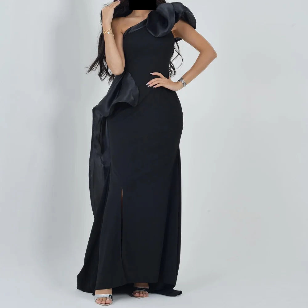 

Customized Temperament Front Slit One Shoulder Evening Dresses Modern Jersey Pleats Black Party Gowns فساتين سهره نسائيه فخمة