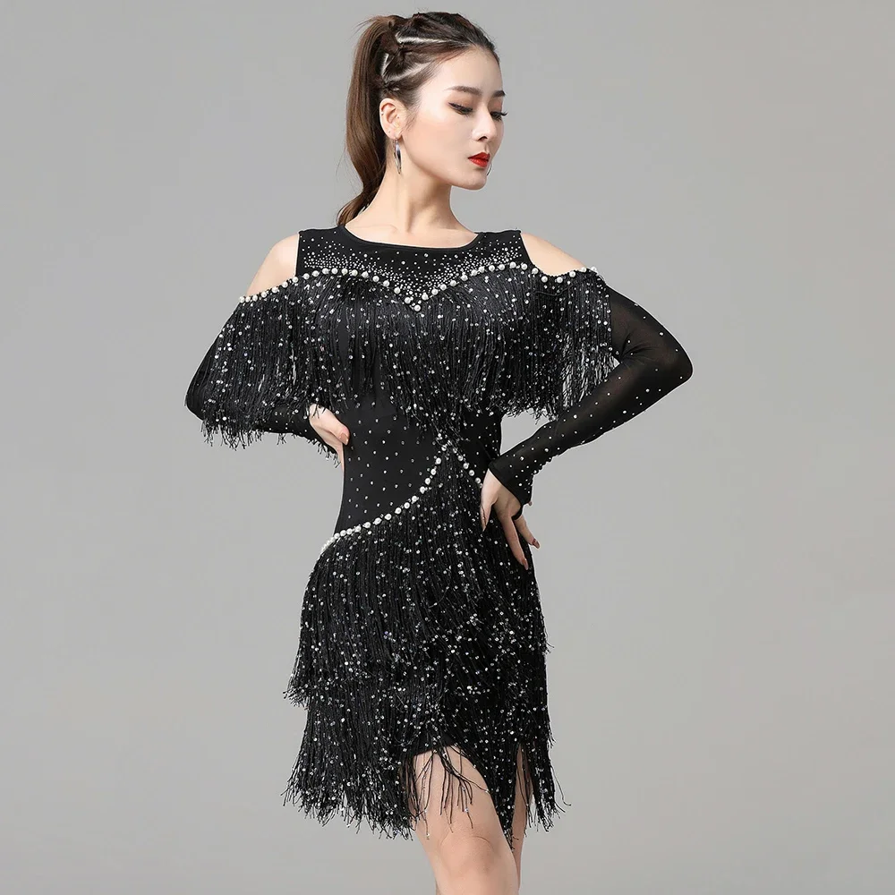 

Off Shoulder Gilrs Salsa Samba Sling Stretchy Dress Long Sleeves Fringes Competition Costume Sexy One-Piece Latin Dance Dresses