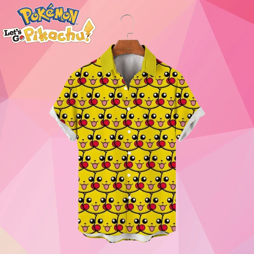 Men\'s Shirts Pokémon Pikachu HD Print Summer Cartoon Streetwear Hawaiian Shirt Cute 2023 Anime Harajuku Y2k Oversized S-5XL New