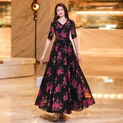 Womens Dresses Fashion Summer Dresses 2024 Summer Senior red Print Dress Long Loose Temperament Waist Loose Big Swing Dress