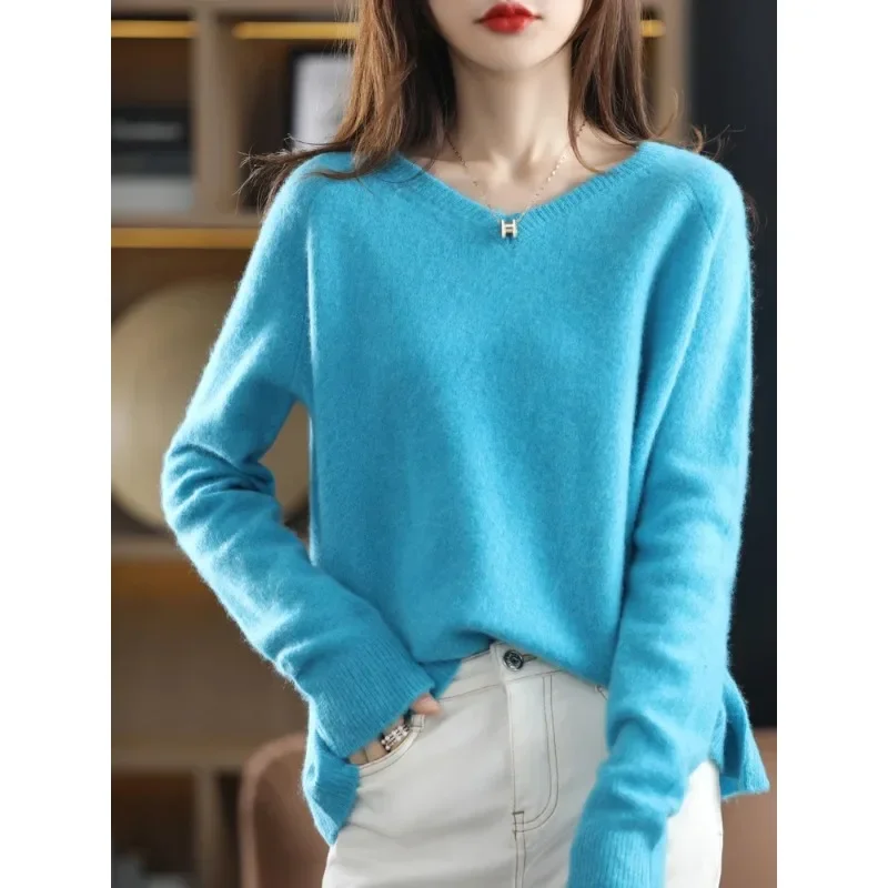 

Pure Wool Lazy Wind Loose Large Size V-Neck Pullover Women's Spring And Autumn Casual All-Match Cashmere Sweater Sweater N153