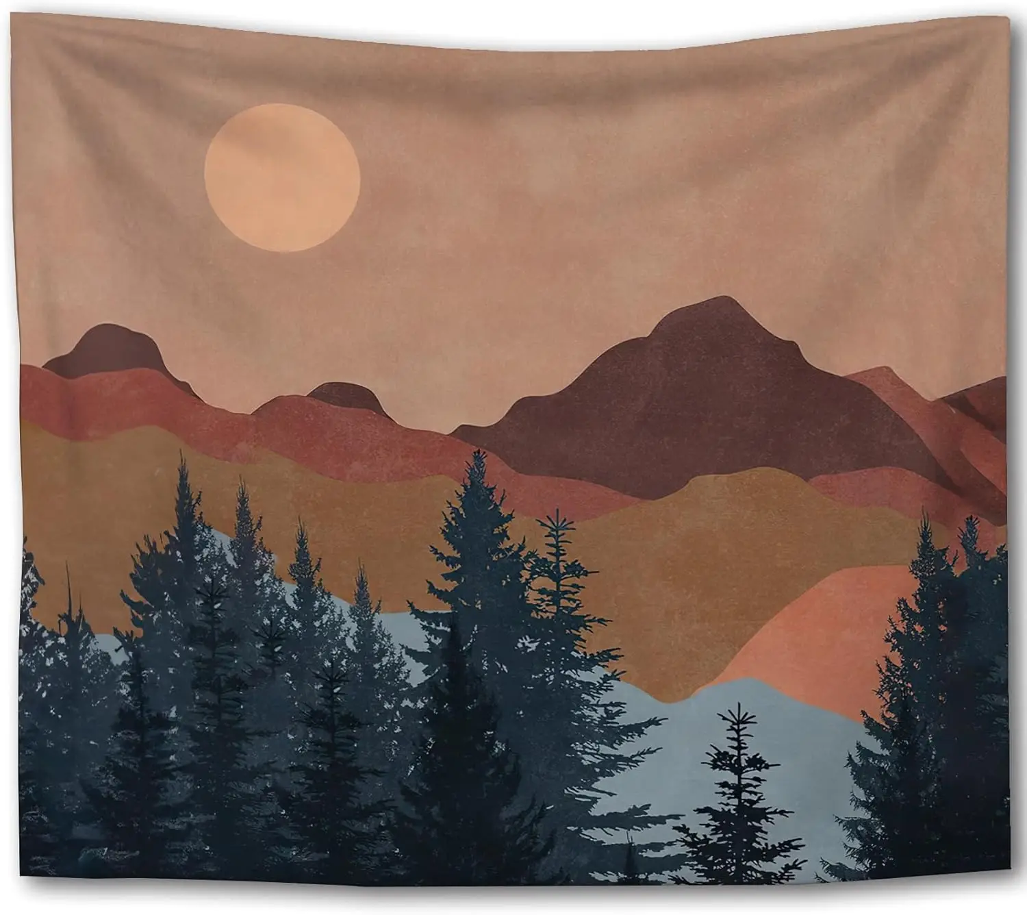 Abstract Boho Sun Mountain Tapestry, Retro Mountain Wood Landscape Tapestry Wall Hanging, Mid Century Modern Wall Tapestries for