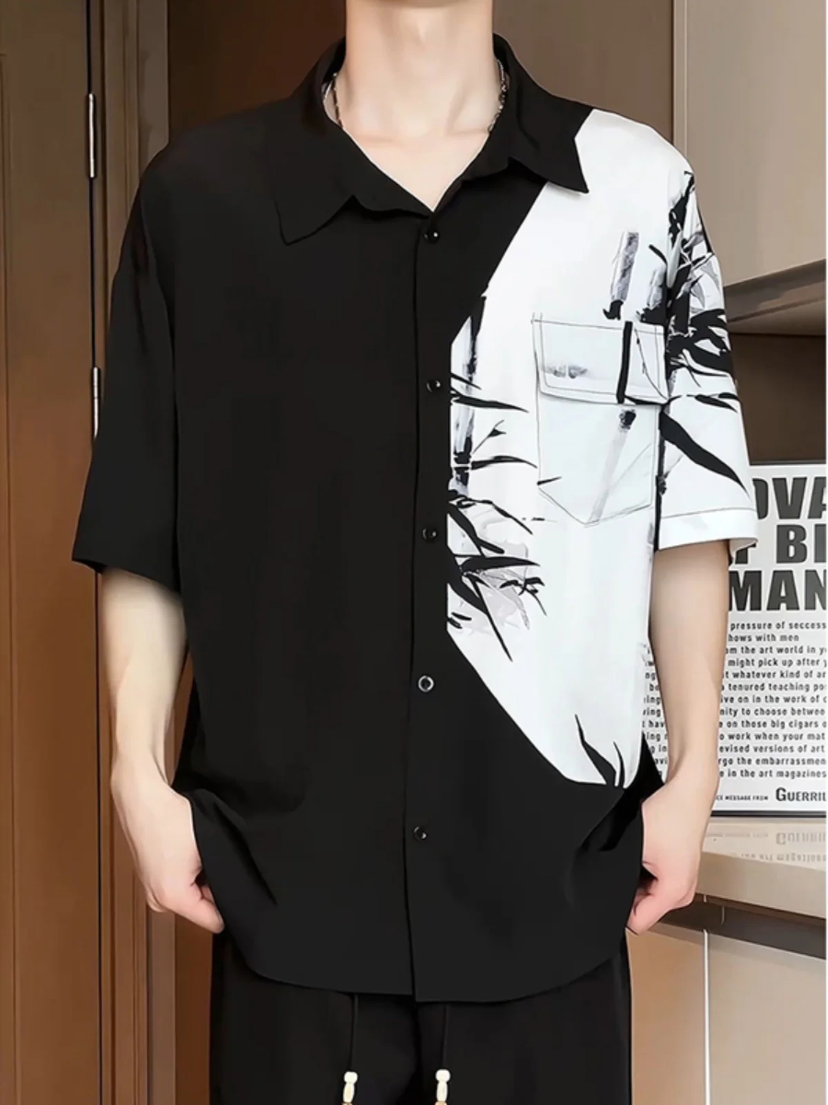 

New Chinese Sle Lightweight Ice Silk Men's irt ort Sve Summer Thin Design Sense High Level Splicing Outerwear