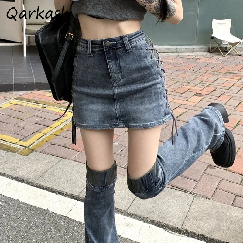 

Denim Mini Skirts Women2pcs Drawstring Design High Waist A-line Vintage Y2k Leg Warmer Grunge Bodycon High Street Summer Trendy
