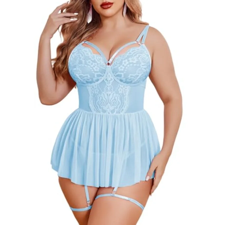 

Avidlove Plus Size Lingerie for Women Sexy Lace Babydoll Mesh Chemise Boudoir Nighty with Garter Belt