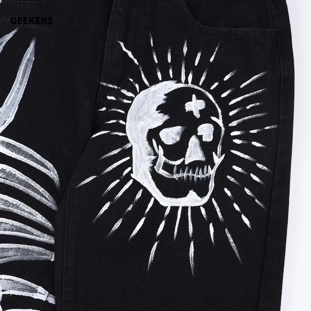 European and American street demon skull graffiti printed jeans men and women personalized straight leg wide leg casual pants