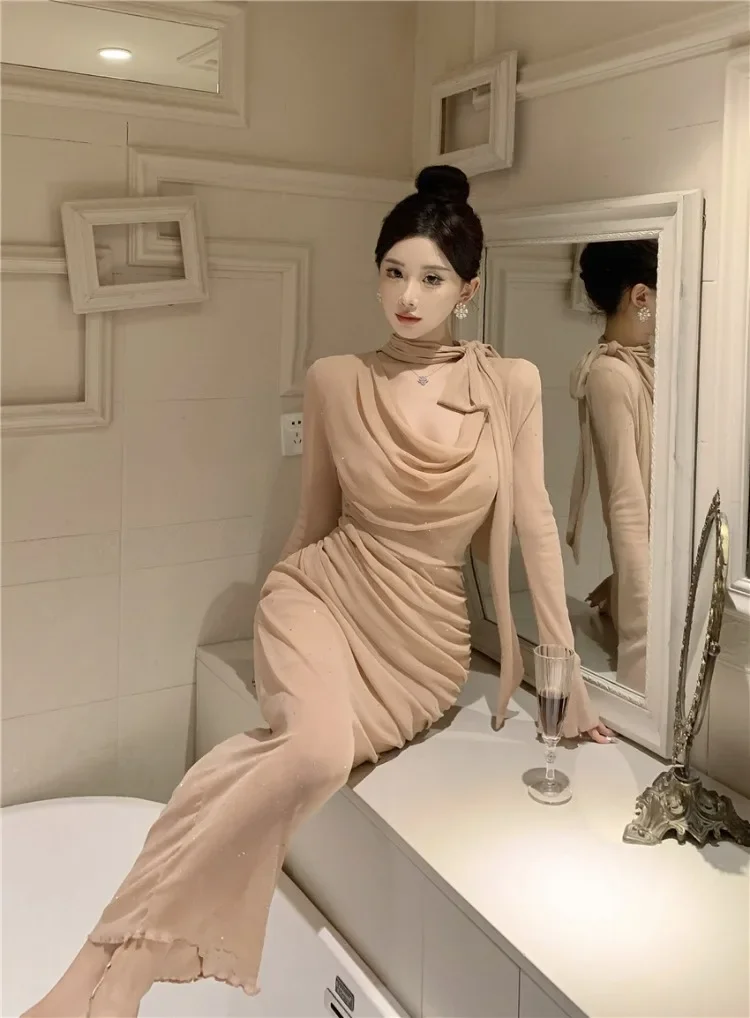 Ezgaga Temperament Dresses Women Bow Bandage Swinging Collar Flare Long Sleeve Solid Vintage Elegant Dress French Style