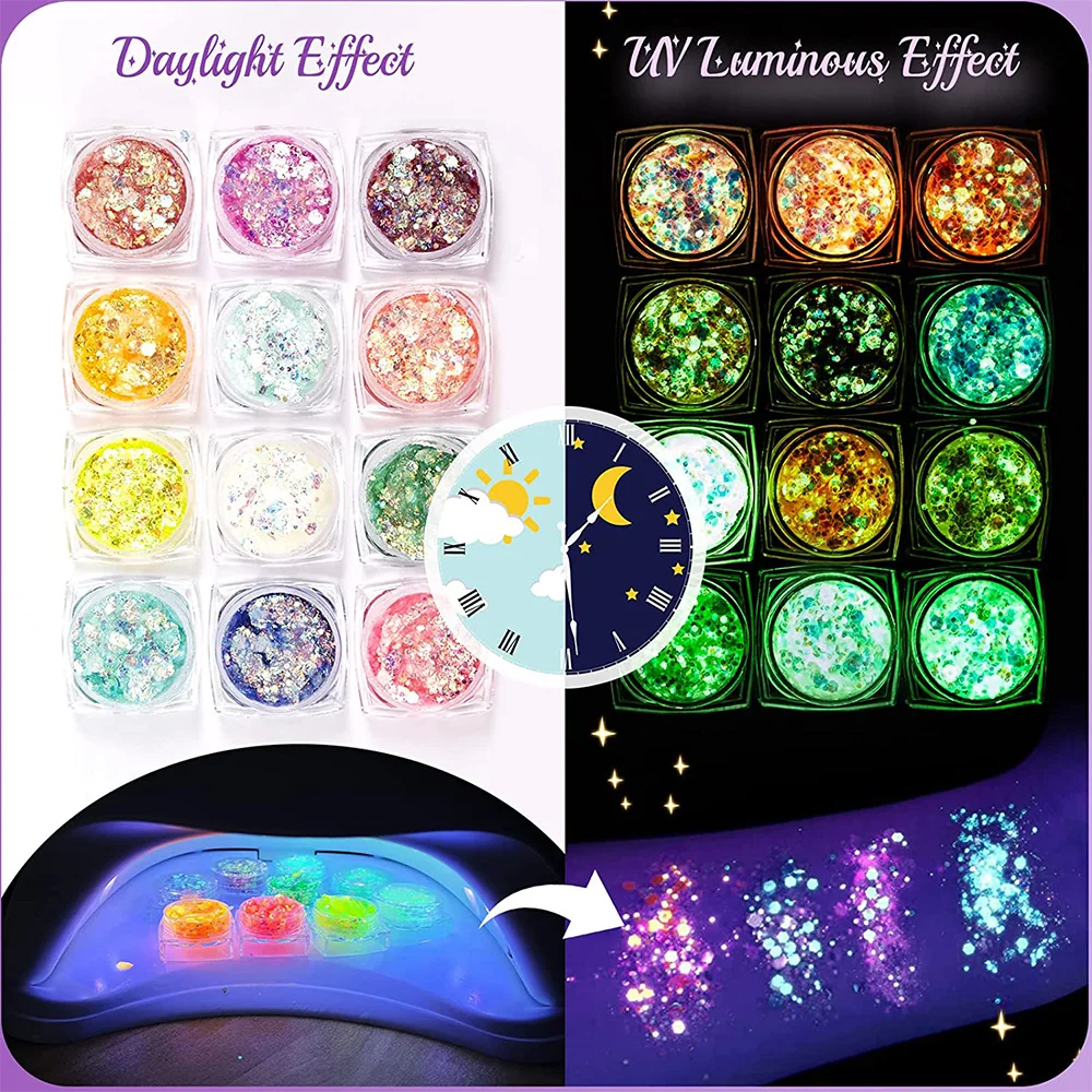 12 Colors Body Face Glitter Makeup Glitter Bar Makeup Cosmetic Glow in the Dark Glitter Gel Fine UV Glitter Face Festivals