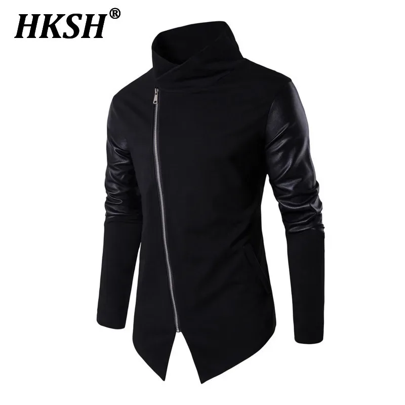 HKSH Men's Tide Dark Sweatshirt Autumn Winter New Stand Collar Zipper Hoodies Fashion Chic PU Leather Patchwork Knit Tops HK2843