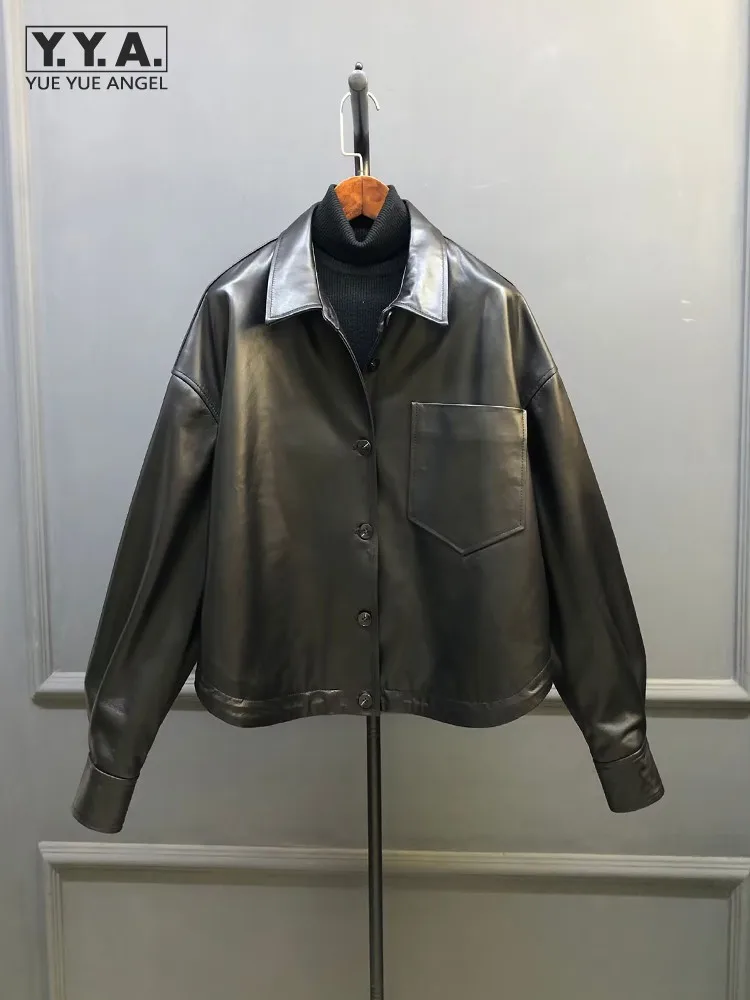 Giacca da donna in vera pelle alla moda Colletto couverture Cappotto casual monopetto da lavoro Lady Capispalla in pelle di pecora naturale vestibilità ampia