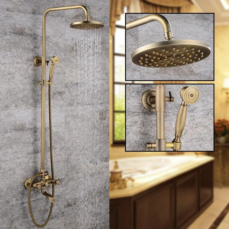 

Antique Brass Shower Faucets Set 8'' Rainfall Shower Head Commodity Shelf Handle Mixer Tap Swivel Tub Spout Bath Shower