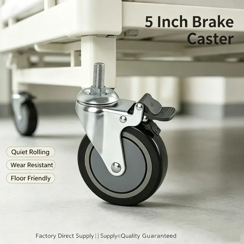 1PC 5 inch PU Rubber Screw Medical Swivel Caster Wheel with Brake for Hospital Bed Stretcher Cart