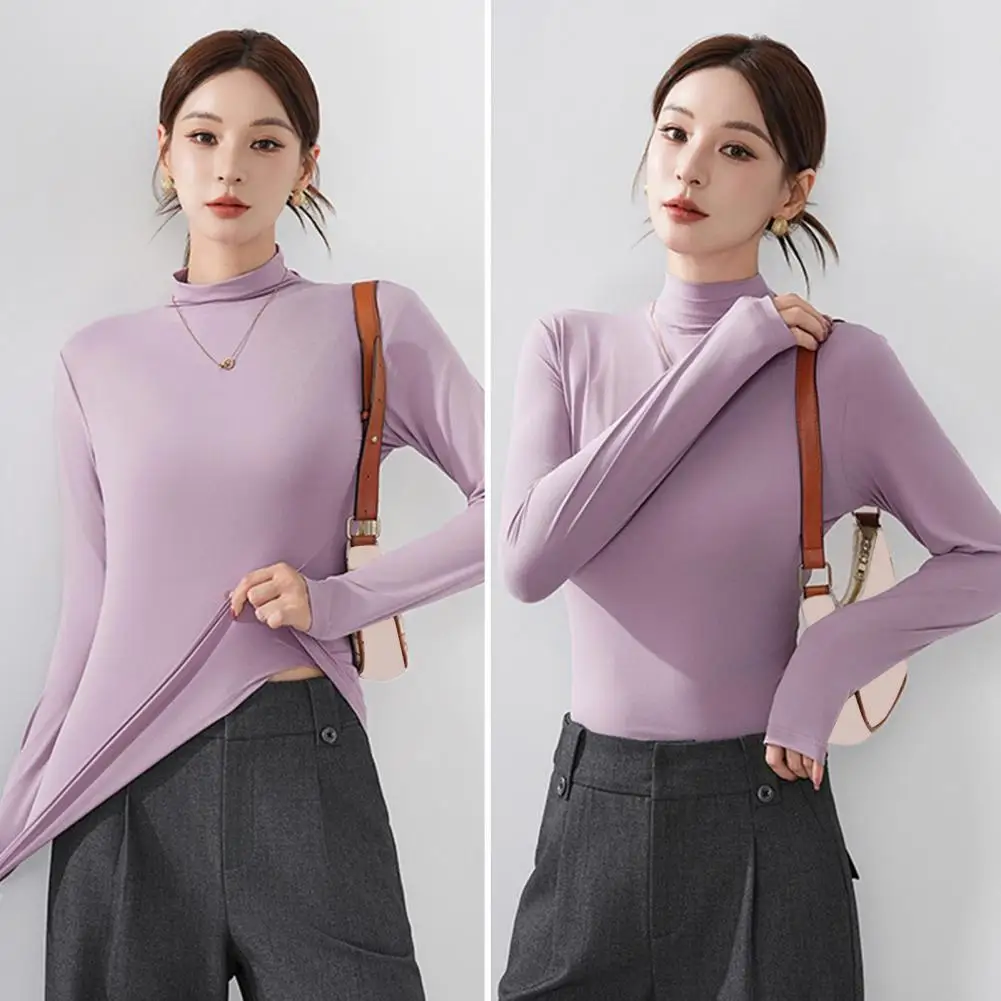 Casual Slim Fit Shirt Stylish Women's Long Sleeve Bottoming Tops Slim Fit Pullover Blouse with High Collar Lightweight Stretchy