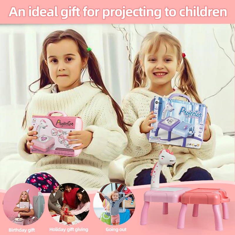 Giraffe kinderprojector tekentafel, multifunctioneel educatief tekenspeelgoed voor kinderen met draagbare koffer, ideaal verjaardagscadeau
