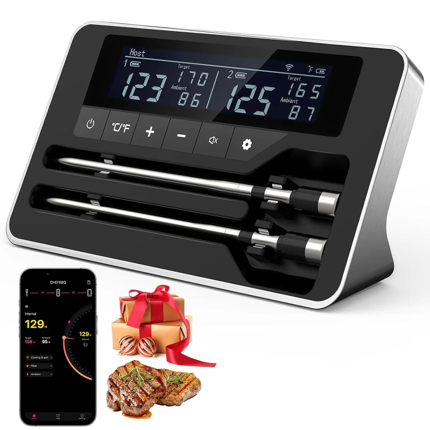 Smart Wireless Meat Thermometer With Double 5Mm Ultra-Thin Probe, Bluetooth Meat Thermometer With Large Lcd Display For Bbq