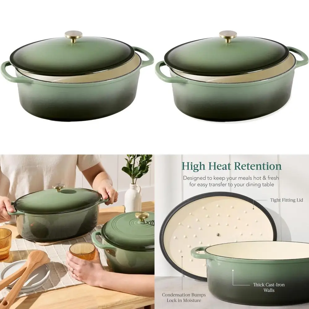 

Овальная эмалированная чугунная жаровня объемом 7,5 кварт, сверхпрочная, предварительно обработанная для выпечки и приготовления пищи, с боковыми ручками – глубокий оливково-зеленый цвет