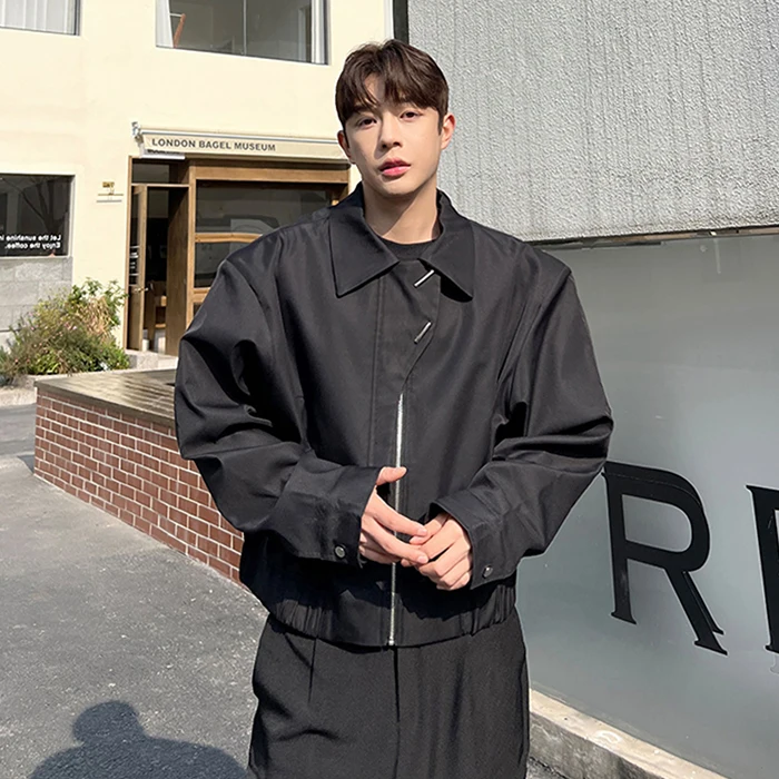 Shoulder Pad Jacket Men's Loose Short Zipper Collar Motorcycle Style Trendy Brand Handsome Autumn Black Outerwear Coat