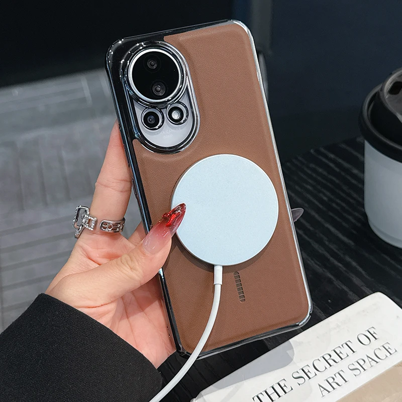 حافظة لهاتف هواوي نوفا 13 12 12 برو 12 فائقة المطلية بالكهرباء مصنوعة من الجلد وشحن لاسلكي مغناطيسي مقاوم للصدمات