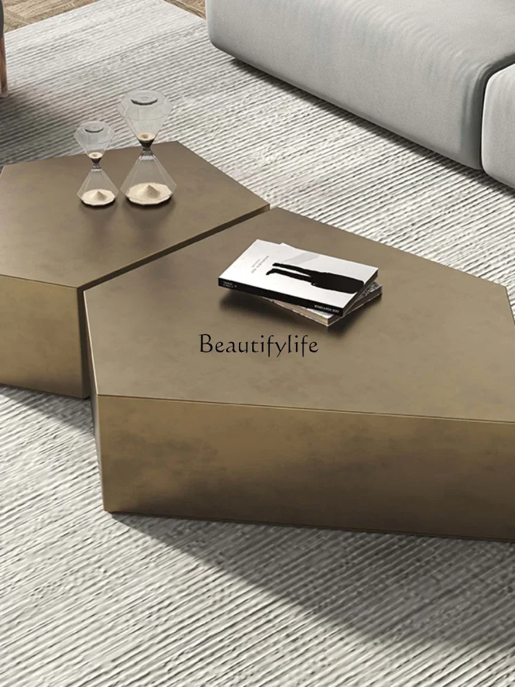 02Moderno simples luz luxo bronze escovado combinação de mesa de centro em aço inoxidável formato especial