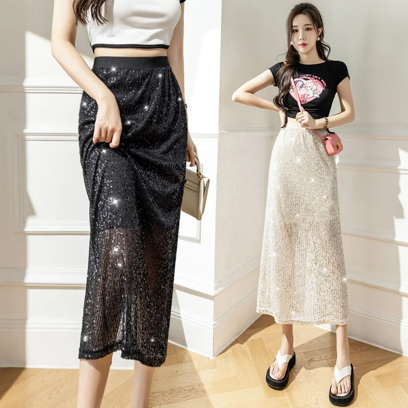 Y2k Kawaii Midi Sequin Skirt Women Summer Autumn New Sexy Cute Ladies Long Skirts Female Korean Fashion Clothing Dropshipping