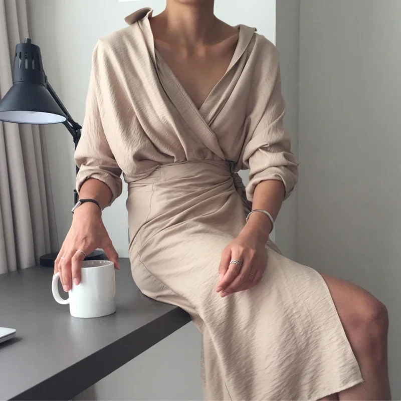 2024 Retro Mid-length Dress Vestidos Mujer Chic V Neck Wrap Dress Ladies Solid Color Long Sleeve Elegant Office Ladies Dress