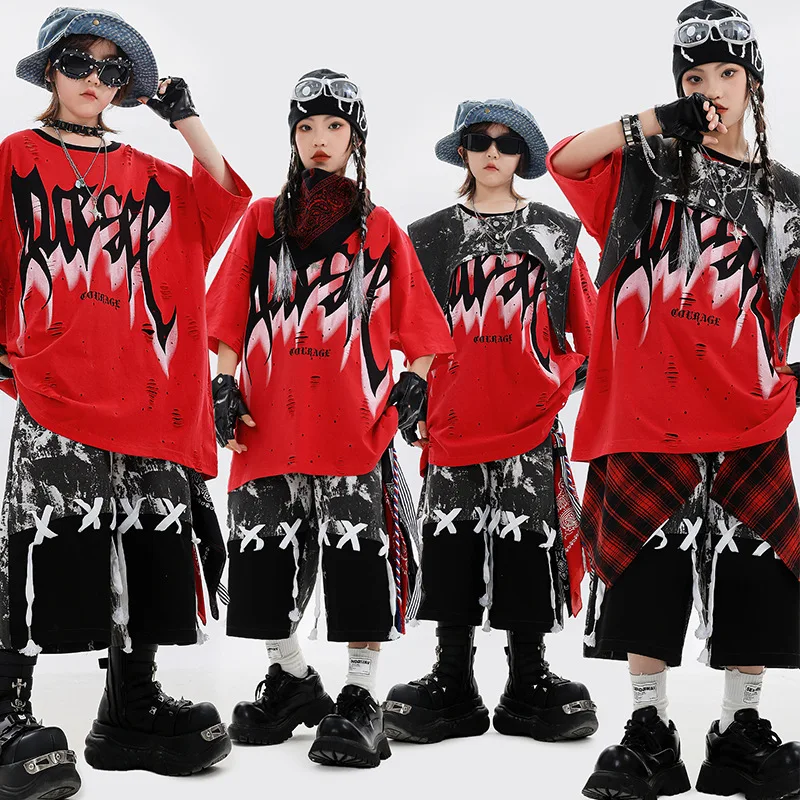 

Summer Boys Hip Hop Clothing Fashion Short Sleeves Tops Loose Shorts Girls Jazz Drum Show Outfits Group Stage Performance Wear