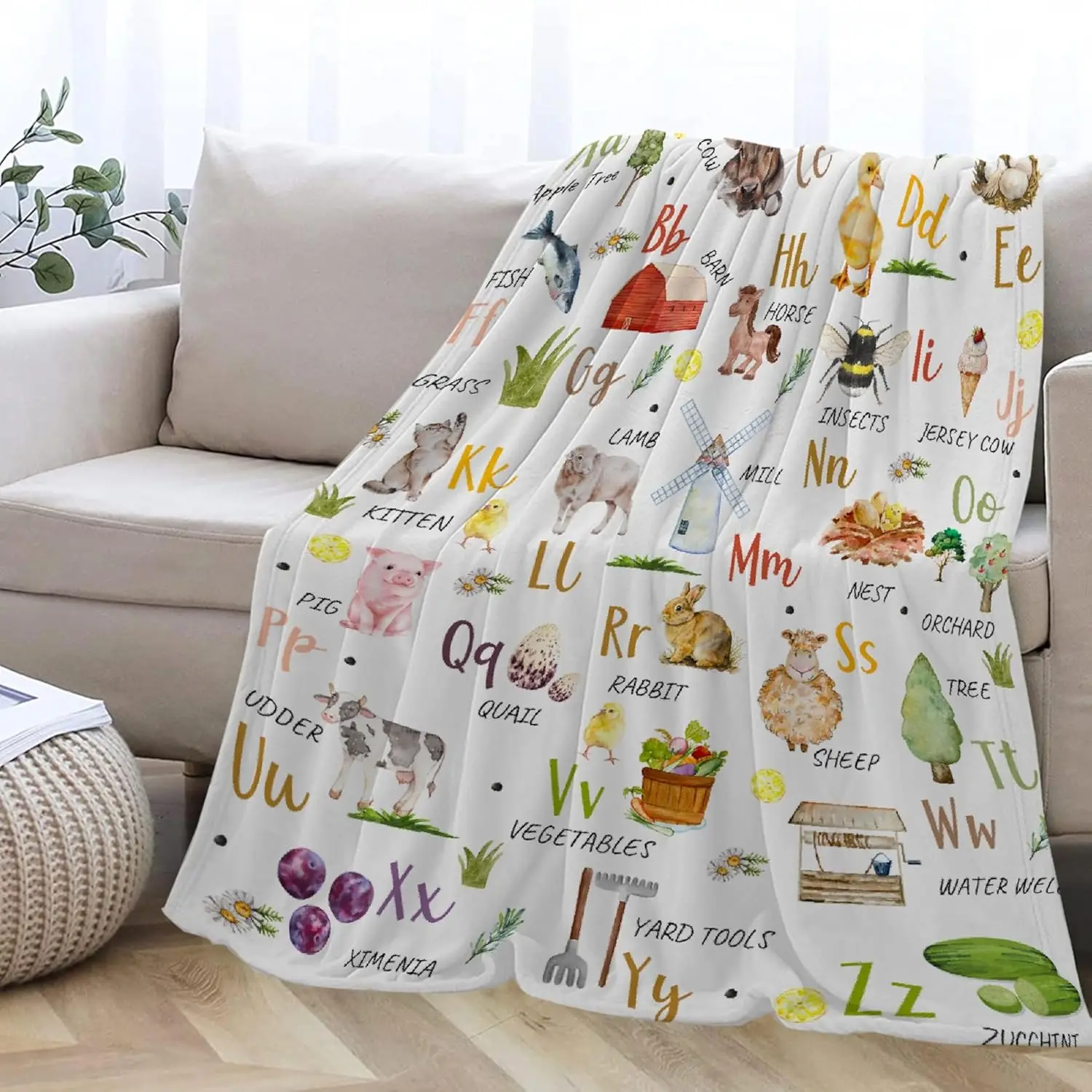 Farm Animal Alphabet Educational Throw Blanket Kids Learning Design for Nursery Decor Gift for Children FarmLifeStyle
