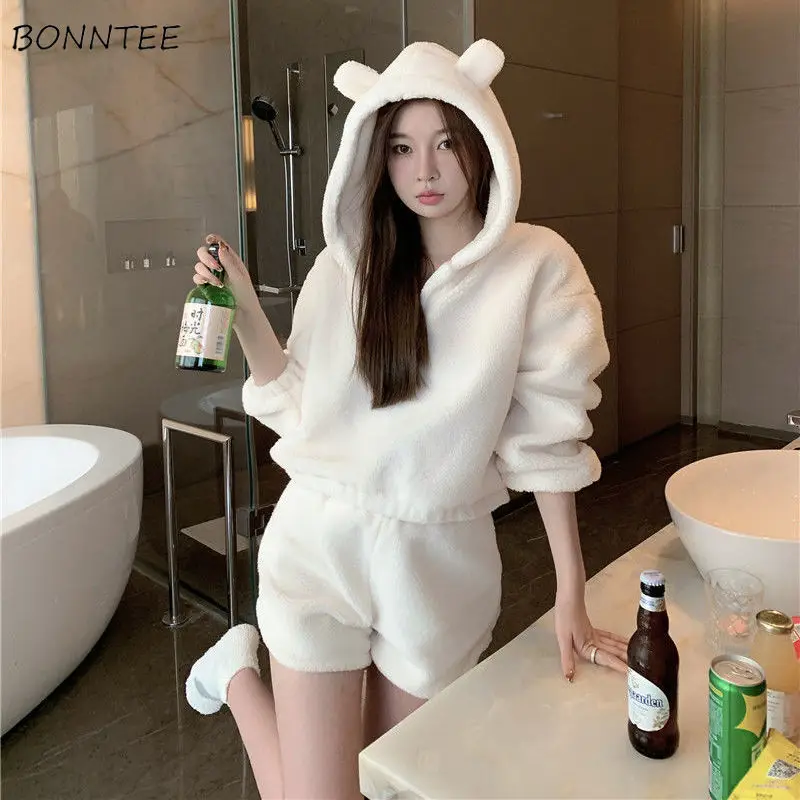 

2 Piece Sets Women Solid Hooded Baggy Leisure Elegant Sweet Japanese Style All-match Female Cozy Ulzzang College Winter Warm Ins