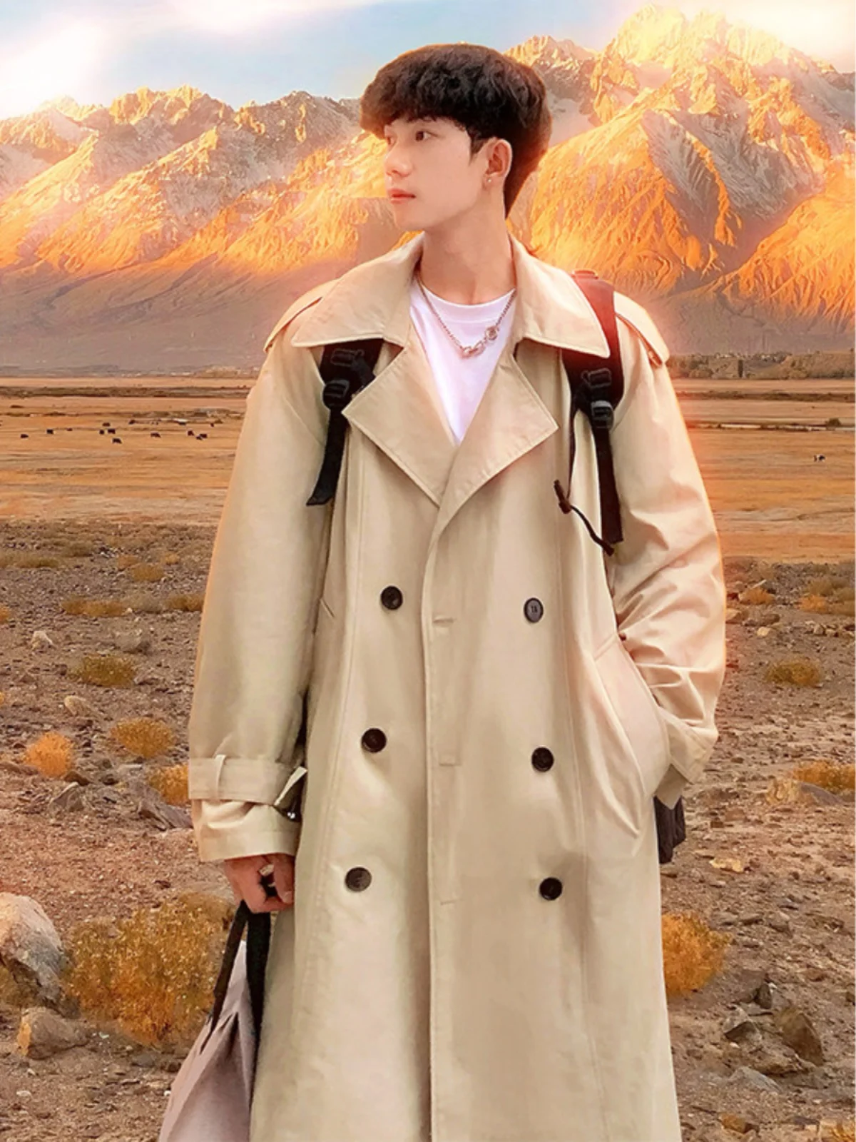 

Double-Row Button Men's Spring Autumn 2024 New Medium-Length Coat Briti Sle High-End Loose Outerwear Cool Sle