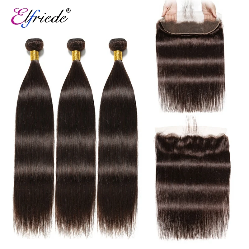 Elfriede #2 Dark Brown Colored Straight Hair Bundles with Frontal 100% Human Hair Sew-in Wefts 3 Bundles with Lace Frontal 13x4