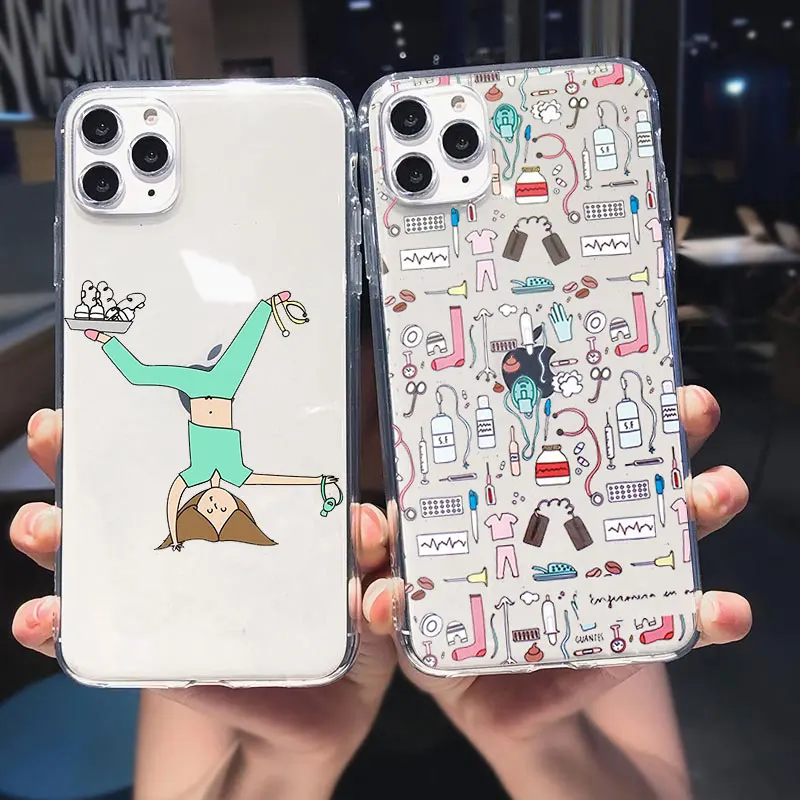 

Spain Cartoon Medicine Doctor Nurse Phone Case For iphone 16 Pro Max 11 12 13 14 15 Pro Max Mini 16 Plus Clear Cartoon Cover