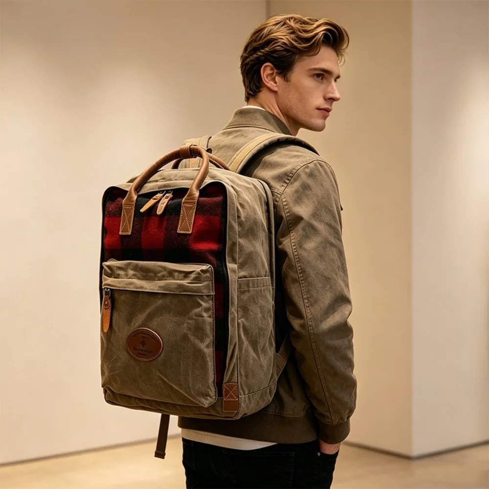 Popular Oil Wax Canvas British Plaid Backpack Men's Large Capacity Thickened Wear-resistant Trend