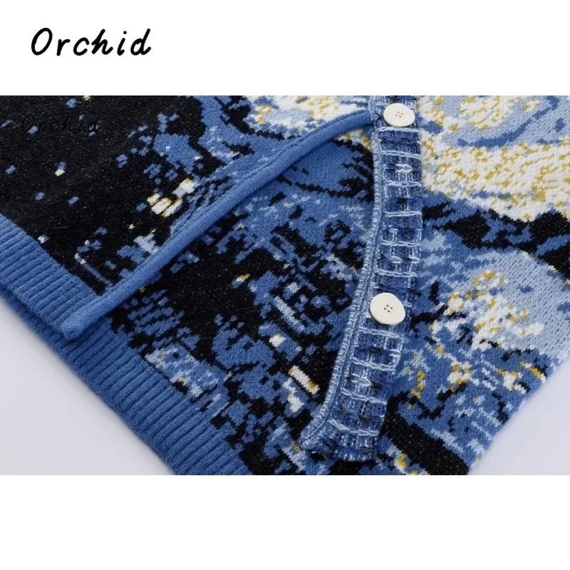 2023 Autumn Winter Fashion Vintage V-neck Van Gogh Starry Sky Hand-painted Pattern Sweater Women Loose Warm Chic Knitted Top