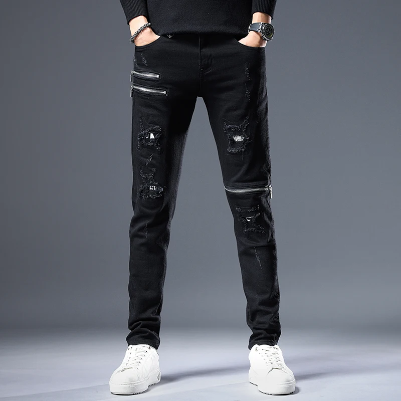 

Trendy Motorcycle Zipper Jeans Men's Knee Scratch Patch Korean Version Slim Straight Long Pants Cotton Elastic Casual Jeans