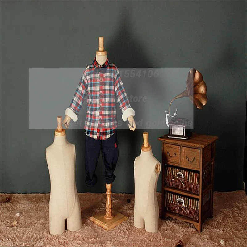 Half Torso Full Child Sewing Hand Mannequins, Body Display with Circular Wood Base, Fabric Dresses Cloth, 3-4Years