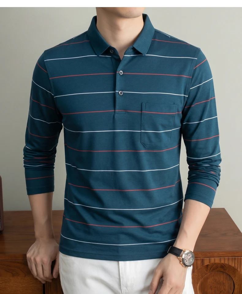 Hochwertiges gestreiftes Langarm-Poloshirt für Herren, neues Komfort-Taschendesign, Frühling/Herbst, luxuriöses Business-Casual-T-Shirt. – Detail 19