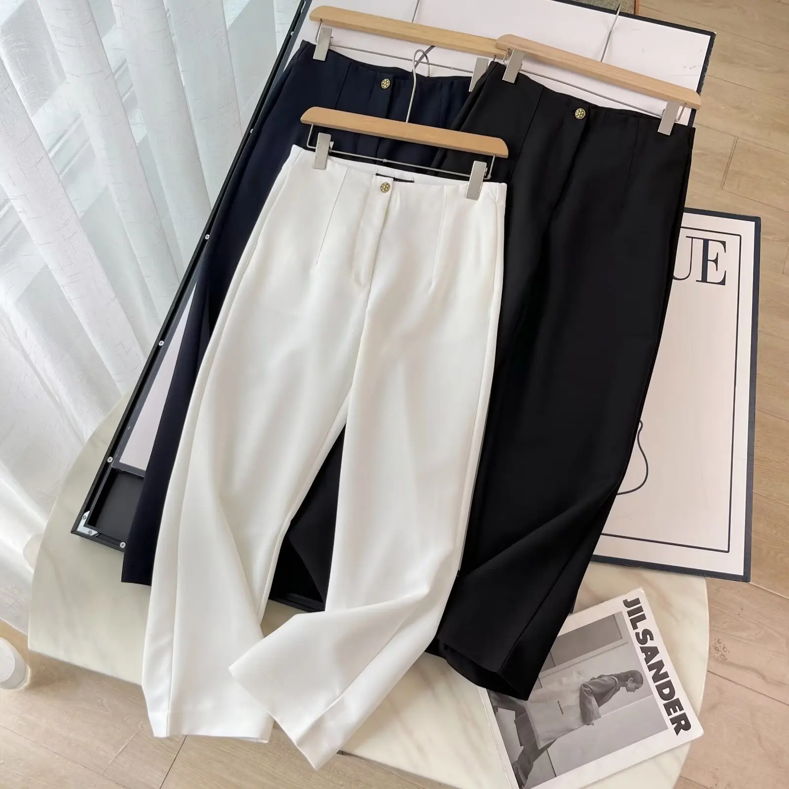 

Women New Fashion Commuter Versatile Style Casual straight Pants Vintage High Waist Side Pockets Zipper Female Trousers Mujer