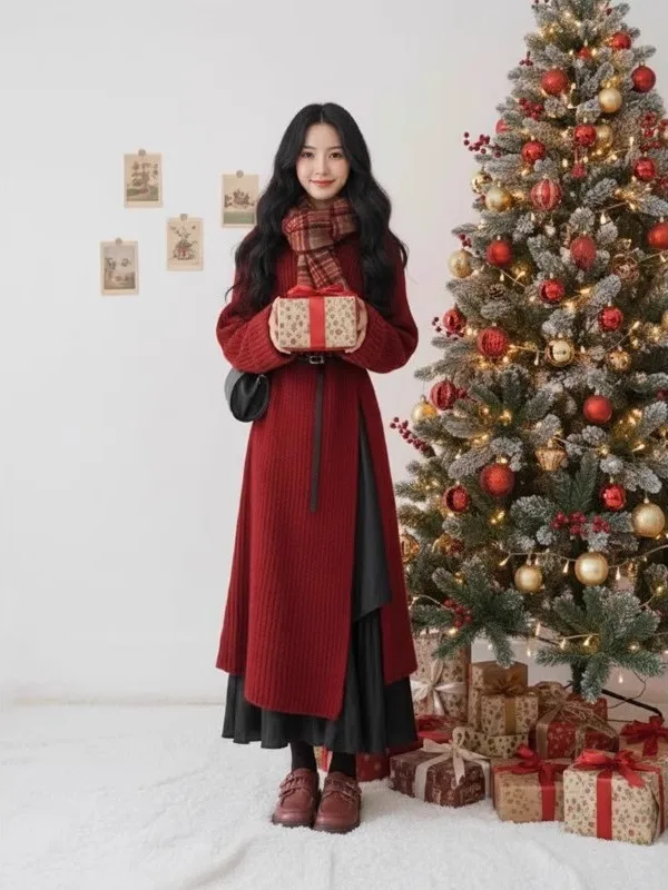 

Ele Knitted Split Sweater And High Waist Skirt Two Piece Set for Women Slimming Cisas Sle New Year Theme