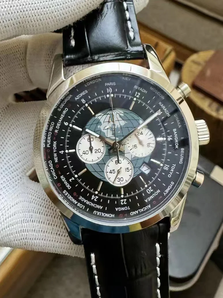 Luxury New Men Quartz Chronograph VK63 Watch 904L Stainless Steel Black Rose Gold Black Leather Sapphire Wristwatch 44mm