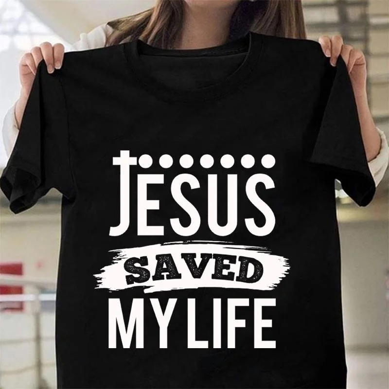 JESUS SAVED MYLIFE Cool Letter Print T-shirt Men's and Women's Fashion Comfortable Jesus Monogram Round Neck Shirt Tops