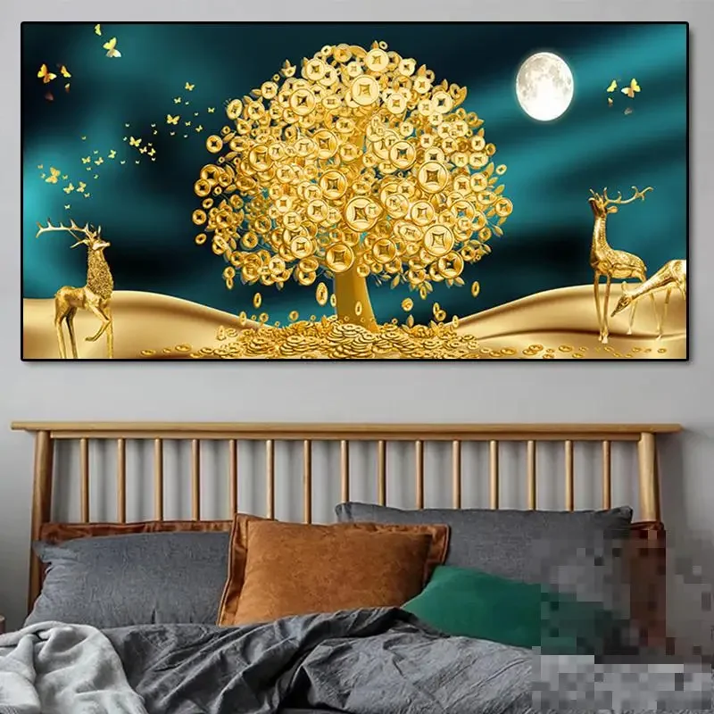 Large Luxury Lucky Gold Money Tree Canvas Painting Printing Floral Plant Painting Deer and Golden Leaf Poster Large Home Decor
