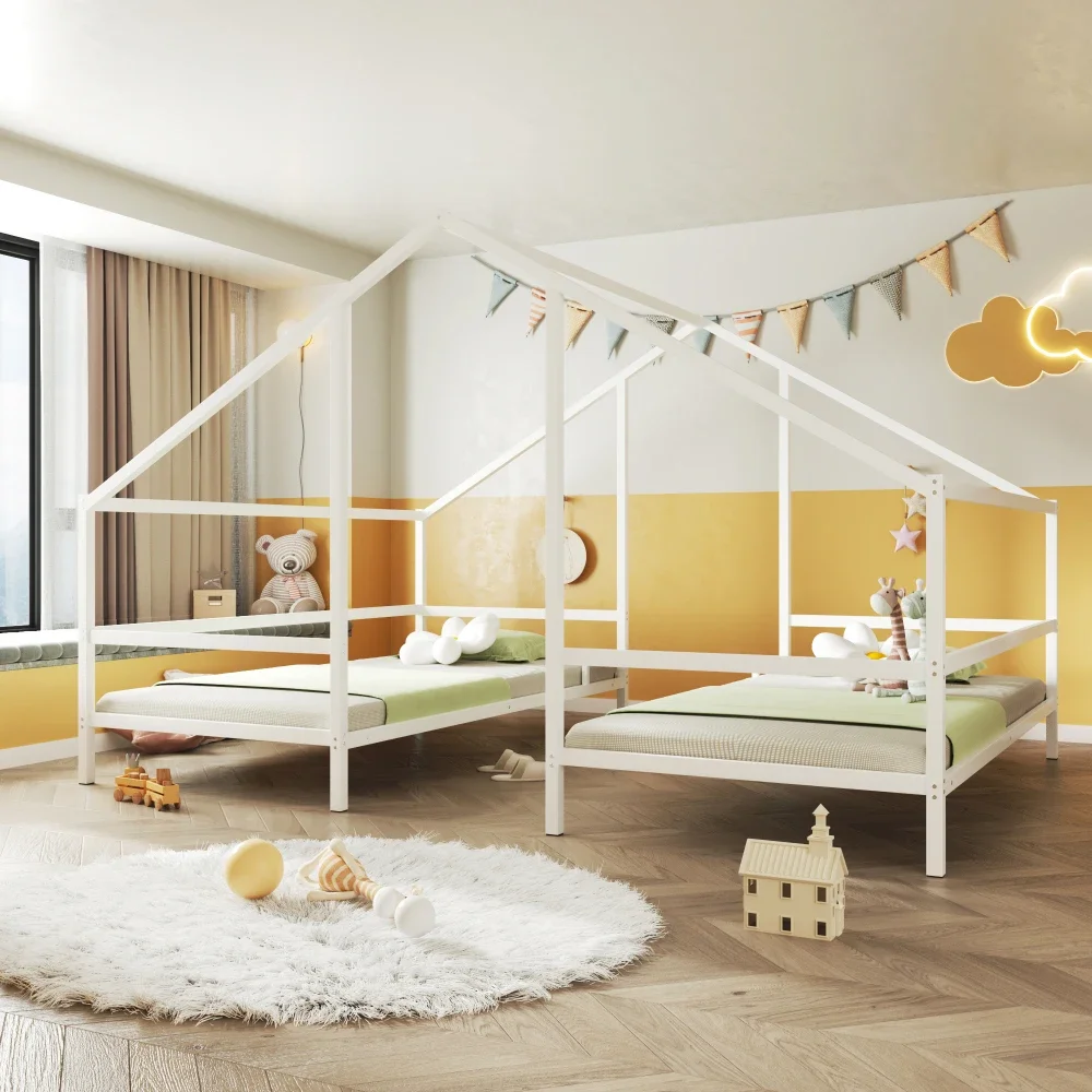 Children Beds Metal Double Triangular House Bed with Built-in Table,Toddler Bed Kids Bed Bunk Beds for Kids Suitable for Twins