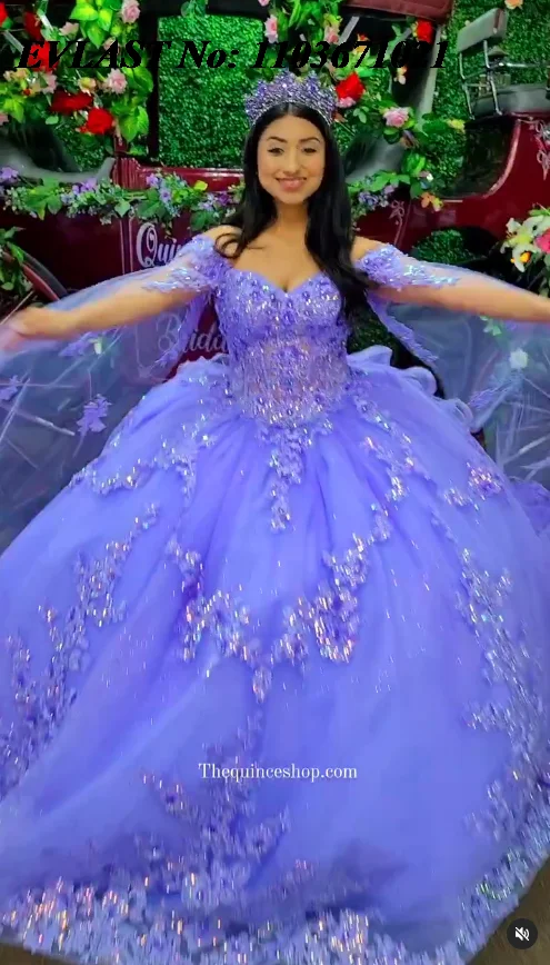 EVLAST Shiny Lavender Lilac Quinceanera Dress Ball Gown Sequins Lace Applique Beading Cape Sweet 16 Vestidos De 15 Anos SQ756