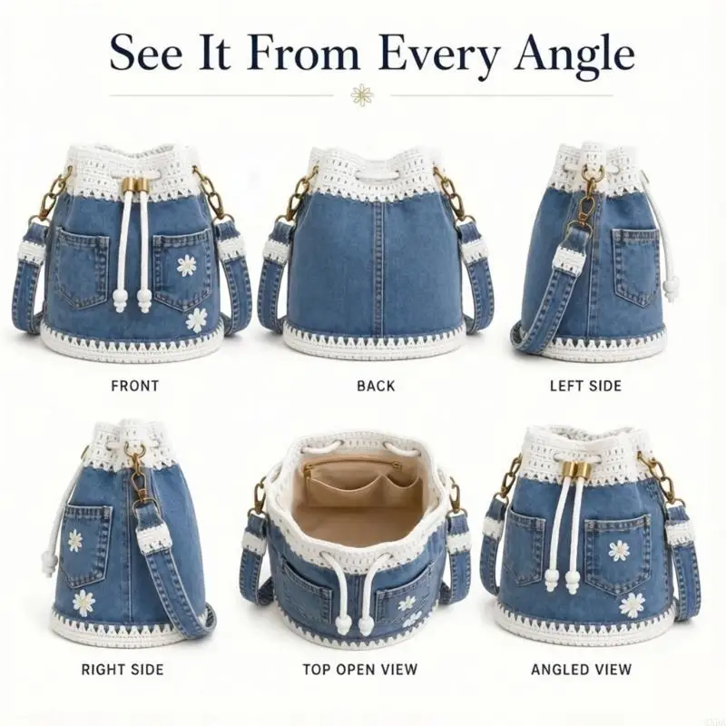 Soft Crossbody Bag with Crochet Detail Handbag for Shopping and Daily Carry 6XDA