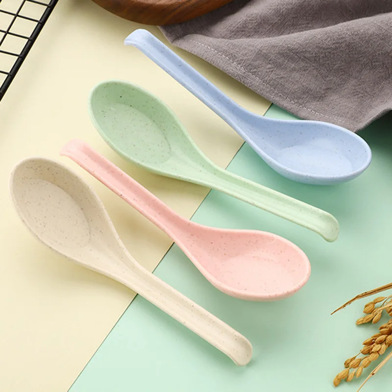 300Pcs/Lot Fashion Eco Friendly Kitchen Kids Flatware Long Handle Wheat Straw Tableware Soup Spoon Wheat Straw Kids Soup Spoon